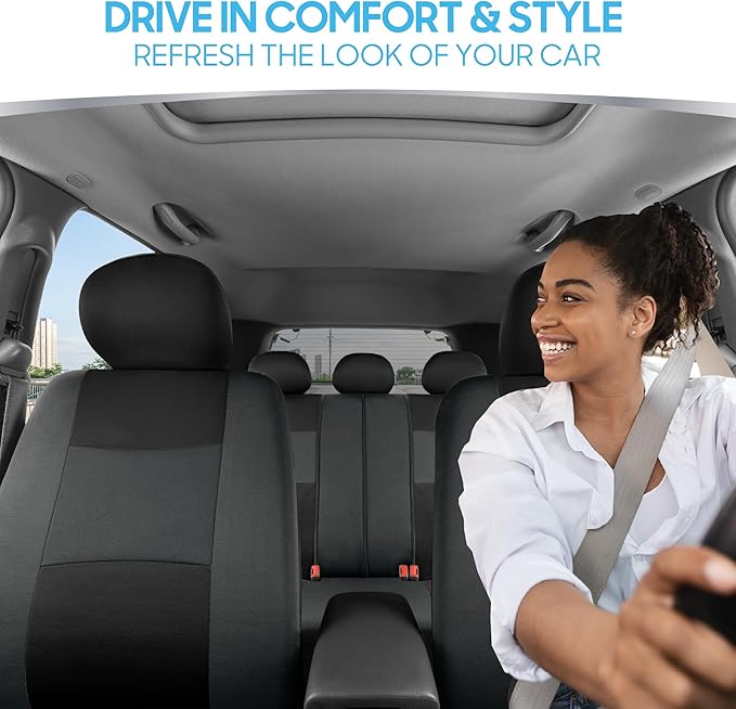 BDK PolyPro Car Seat Covers Full Set in Reverse Charcoal – Front and Rear Split Bench Seat Covers for Cars, Easy to Install C
