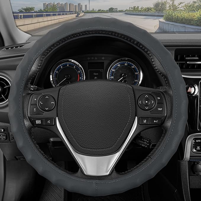 BDK Genuine Gray Leather Steering Wheel Cover for Car, Large 15.5-16 inch – Ergonomic Comfort Grip for Men & Women, Car Steer
