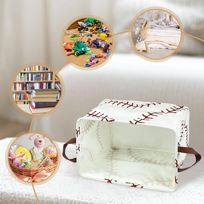 Baseball Decor Storage Basket Waterproof Canvas Toy Storage Bin Baseball Room Decor Collapsible Outdoor Basket with Leather H
