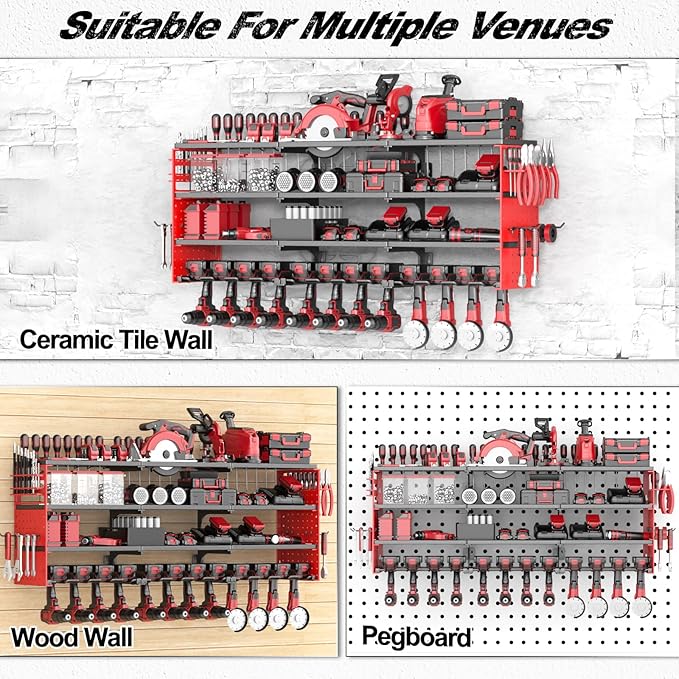 Power Tool Organizer Wall Mount, Cordless Drill Hanger Storage Rack 8 Drill Holder, 4 Layer Heavy Metal Large Capacity Tool R