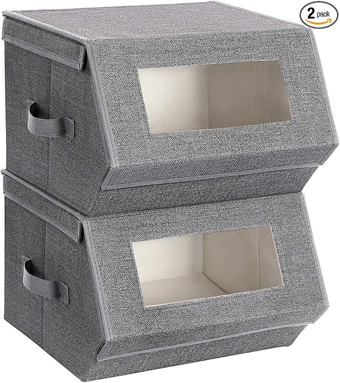 SONGMICS Stackable Storage Bins Set of 2, Storage Boxes with Lids and Front Windows, Non-Woven Fabric Closet Organizers with 