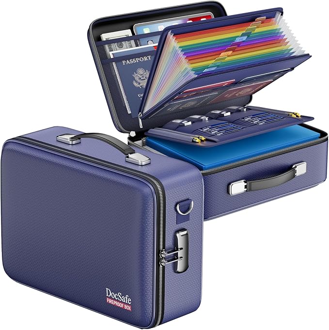 DocSafe Fireproof Document Box with Lock, Hard Case File Organizer with Accordion File Folder, Fireproof Water Resistant Safe