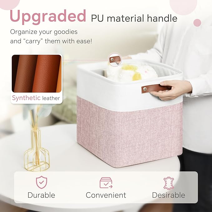 FinishingBo Cube Storage Baskets 6 Pack, 11x11 inch Cube Storage Bins with Leather Handles for Shelf Closet (White/ Pink)