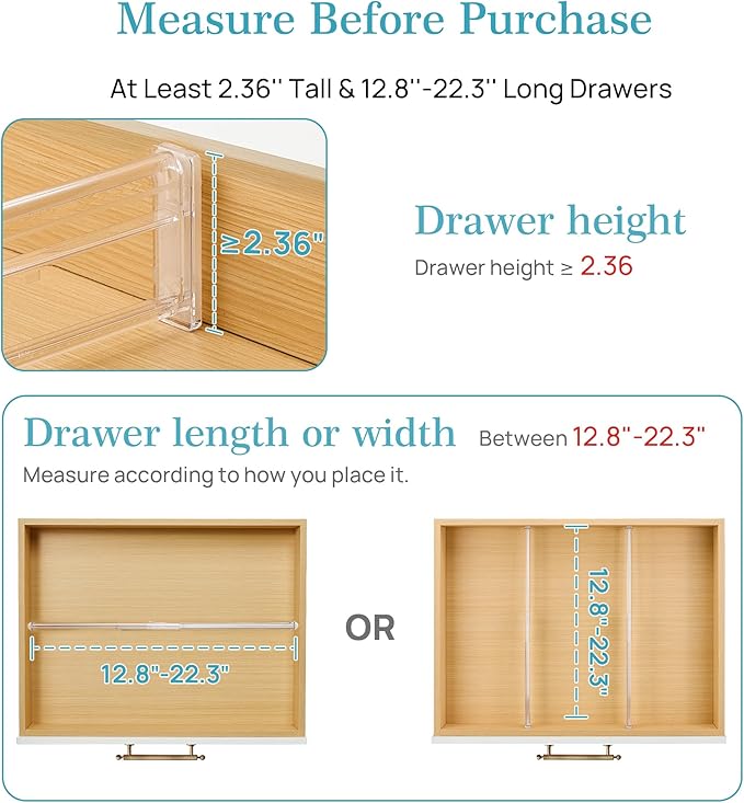 Vtopmart 2.36” Drawer Dividers with Expandable Inserts, 12.8"-22.3" Adjustable Kitchen Drawer Organizer, Clear Plastic Organi