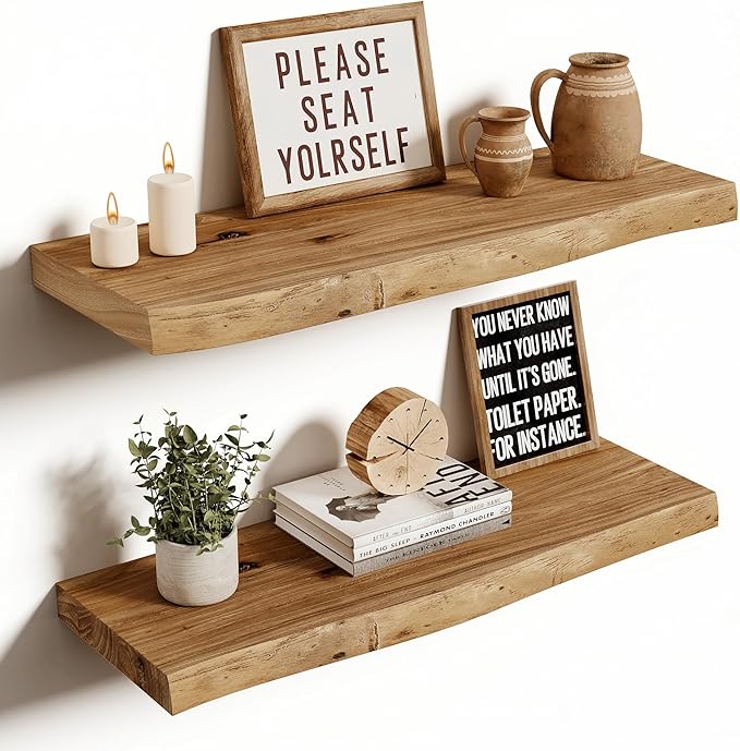 Vivelove Live Edge Floating Shelves 24 inch, Elm Wood Shelf, Rustic Farmhouse Wall Shelf with Invisible Bracket for Living Ro