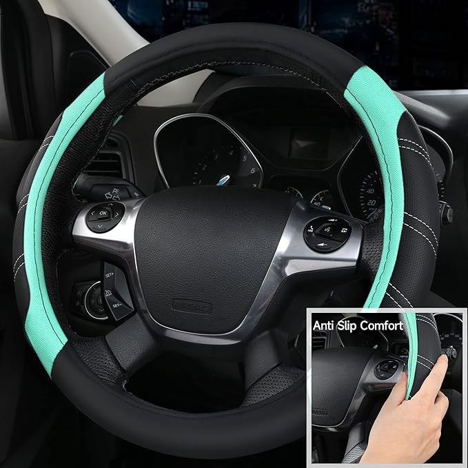 CAR PASS Leather Steering Wheel Cover and Waterproof Car Floor Mats,Microfiber Universal Car Combo Fit for 95% Sedan,SUV,Cars