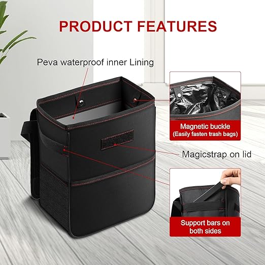 Simple Deluxe Car Trash Can With Lid, Storage Pockets, Leak-Proof Garbage Container, Adjustable Straps, Waterproof, Portable, Collapsible, 2 Gallon, Black