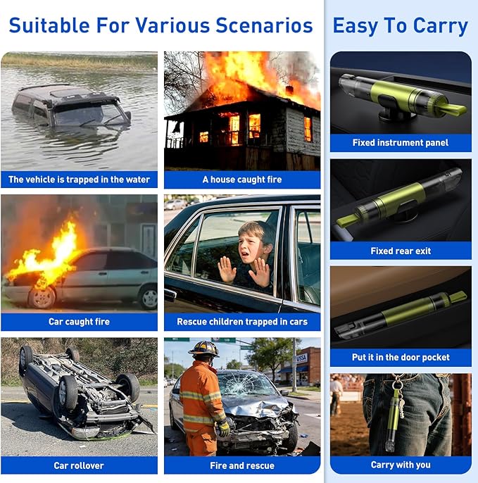 3 in 1 Car Safety Hammer Seatbelt Cutter and Survival Whistle, Safe Transparent Lid Window Breaker Seatbelt Cutter Underwater