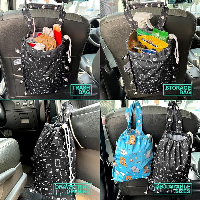 FLOCK THREE Leak-Proof Waterproof Car Trash Bag Foldable Multipurpose Trash bin Container Storage Cute Grocery Organizer Bag for Automotive Front or Back Seat in Cars SUVs and Trucks (Cute Cats)
