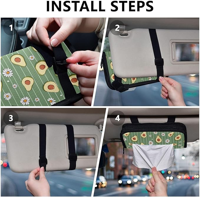 Car Tissue Holder Car Visor Organizer Tissue Box Holder for Car Sun Visor Organizer with Car Vehicle Accessories Essentials Interior for Women Men Green Striped Avocados and Daisies