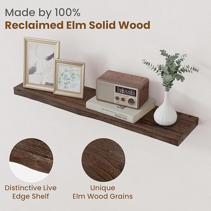 Floating Shelves for Wall Decor, Rustic Solid Elm Wood Live Edge Floating Shelves Wall Mounted, Wall Shelves with Invisible B