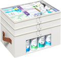 3-Tier Medicine Organizer for Cabinet, Foldable Medicine Storage Box with Clear Cover and Leather Handle, Empty First Aid Kit