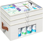 3-Tier Medicine Organizer for Cabinet, Foldable Medicine Storage Box with Clear Cover and Leather Handle, Empty First Aid Kit