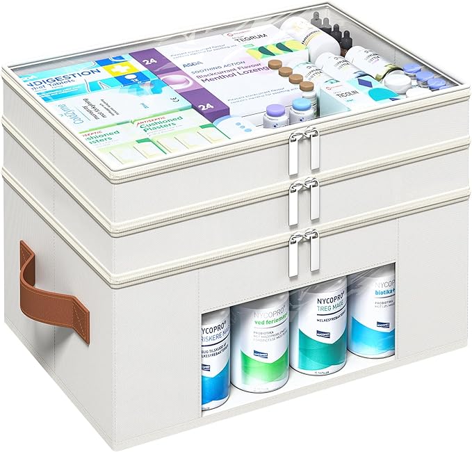 3-Tier Medicine Organizer for Cabinet, Foldable Medicine Storage Box with Clear Cover and Leather Handle, Empty First Aid Kit