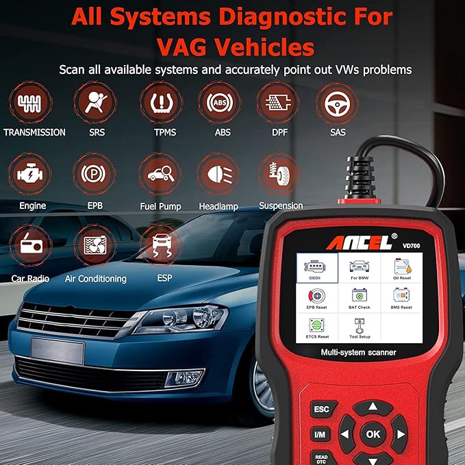 ANCEL VD700 OBD2 Diagnostic Code Reader Scan Tool Fit for Volkswagen Audi VW Skoda Seat, All Functions OBD11 Scanner for VAG