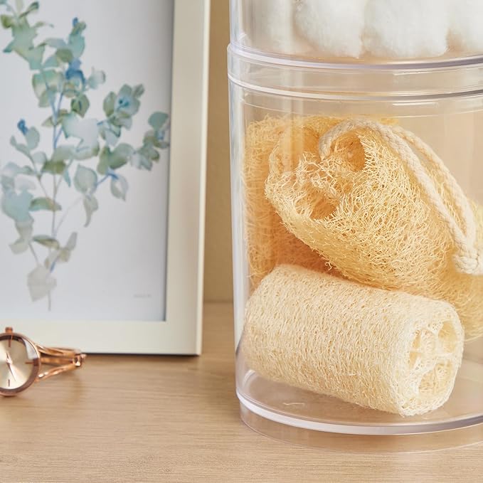 STORi Bella Tall Scrunchie Holder | Stackable Clear Plastic Container (Set of 2) Round Vanity Storage Organizers with Lids fo