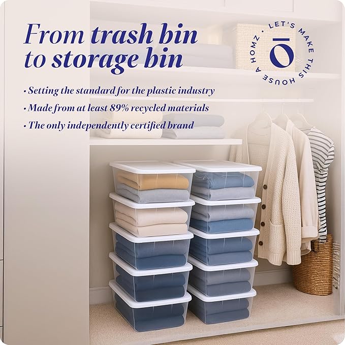 HOMZ 10-Pack Snaplock, Small Clear Plastic Storage Organizer Bins w/ Lids, 6 Quart, White - Stackable Container Boxes for Bed