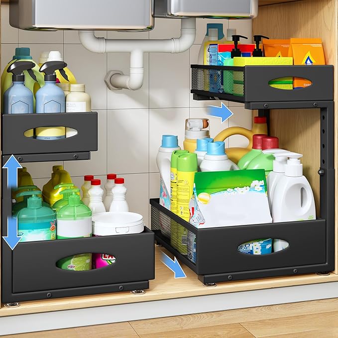 Under Sink Organizer, 2 Pack 2 Tier Pull Out Under Cabinet Organizer Shelf with Pad for Framed Cabinets, Metal Slide Out Unde