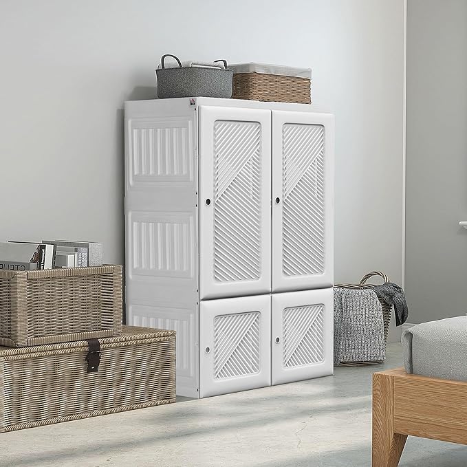 HOMCOM Portable Wardrobe Closet, Folding Clothes Storage Organizer with 3 Cube Compartments, Hanging Rod, 4 Magnet Doors, Whi