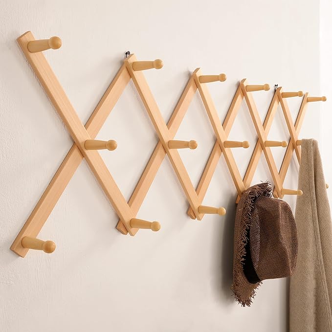 SKOLOO Hat Rack for Wall with 17 Hooks, Solid Wooden, Modern, Expandable Coat Rack Wall Mount for Coats, Hats, Bags, Baseball