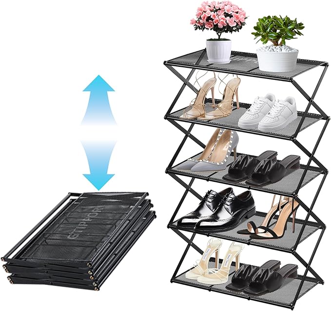 Shoe Rack for Entryway 5 Tier Foldable Shoe Rack Without Assembly Collapsible Metal Shoe Organizer Folding Shoe Storage Rack 