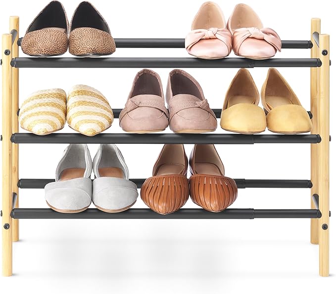 Whitmor 3-Tier Expandable Shoe Rack - Store up to 12 pairs of shoes - Bamboo & Matte Black