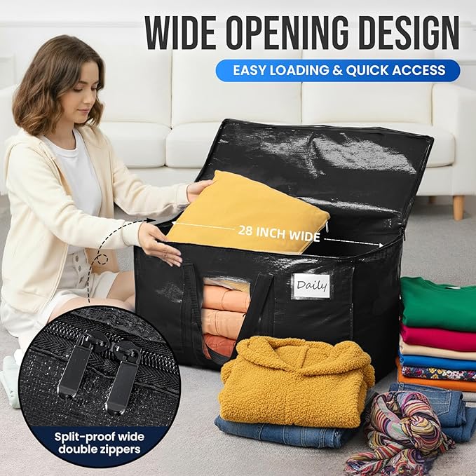 TAILI Extra Large Moving Bags, 8 Pack Black Heavy Duty Totes For Storage with Visible Window, Wrap Around Handles, Storage Ba