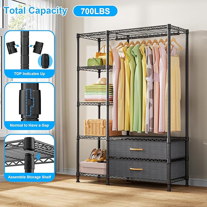 Ulif F3 Heavy Duty Clothes Rack（With Fabric Drawers）Freestanding Clothing Racks for Hanging Clothes，Adjustable Closet Organiz