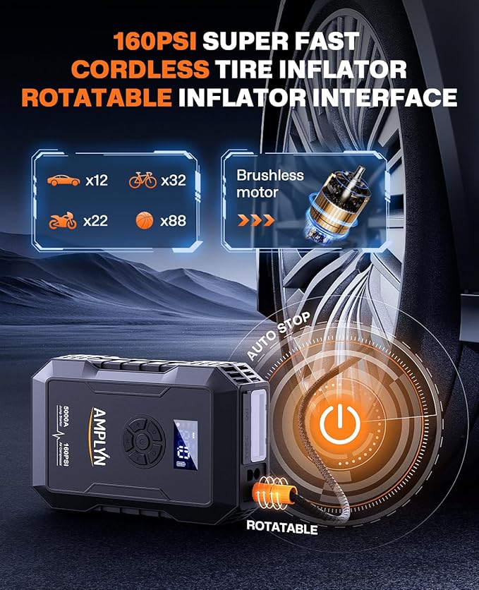Car Battery Jump Starter with Air Compressor 160PSI,5000A 60W Portable Jump Starter Battery Pack (All Gas/10L Diesel),12V