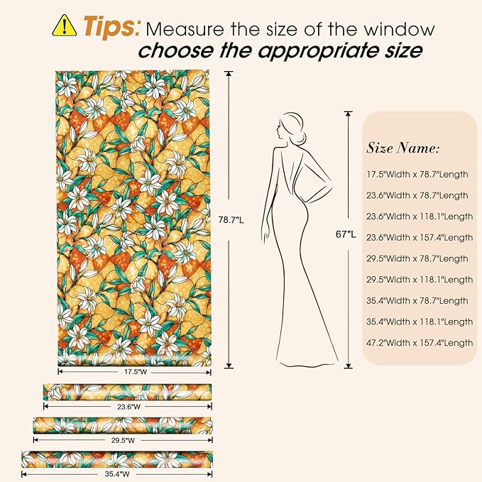 Coavas Decorative Window Privacy Film, Heat Control Sun Blocking Stained Glass Window Film, Floral Design Static Cling, Non Adhesive Windows Tint for Bathroom Front Door(Vinyl, 35.4" x 78.7 ")