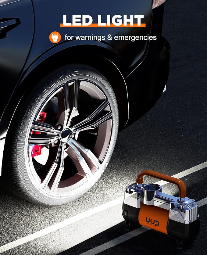 Tire Inflator Air Compressor, 150PSI 12V DC Double Cylinders Heavy Duty Portable Air Pump w/Emergency LED Light for Truck, SUV, Car, RV