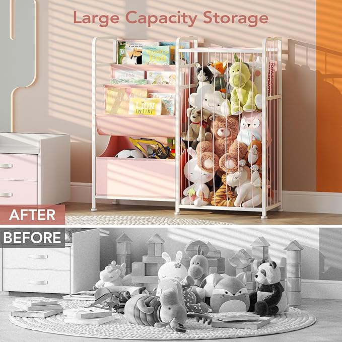 BBLIKE Kids Bookshelf and Stuffed Animal Storage - Multi-Function Nursery Book Shelves with Toy Box and PVC Book Display, Toy