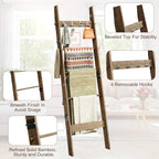5-Tier Bamboo Ladder Shelf, Farmhouse Style Blanket Ladder, Rustic Decorative Ladder with 4 Removable Hooks, Brown