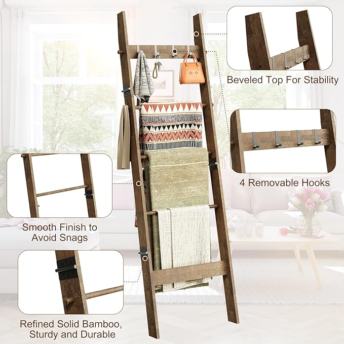 5-Tier Bamboo Ladder Shelf, Farmhouse Style Blanket Ladder, Rustic Decorative Ladder with 4 Removable Hooks, Brown