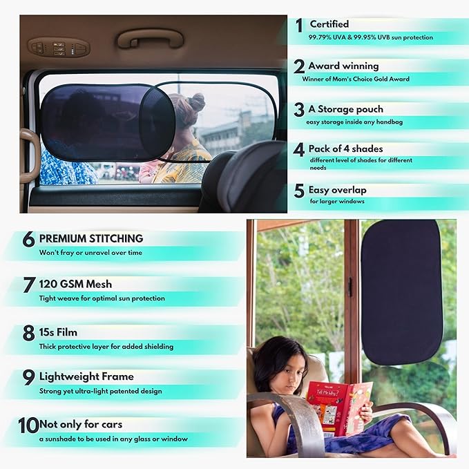 Car Window Shades - Certified 99.79% UVA & 99.95% UVB sun protection. Award winning car sun shade for side windows. 4 Pack (2 Transparency options) 25" x 16" -window shade for car baby by Kinder Fluff