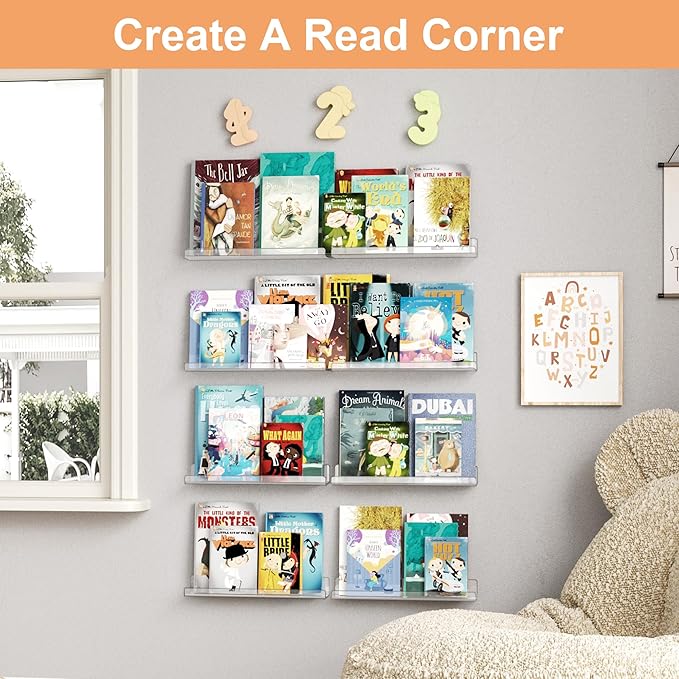 upsimples 10 Pack Acrylic Shelves Wall Organizer and Storage, 15" Display Shelf for Figure, Toy Cars, Perfume, Kids Bookshelf