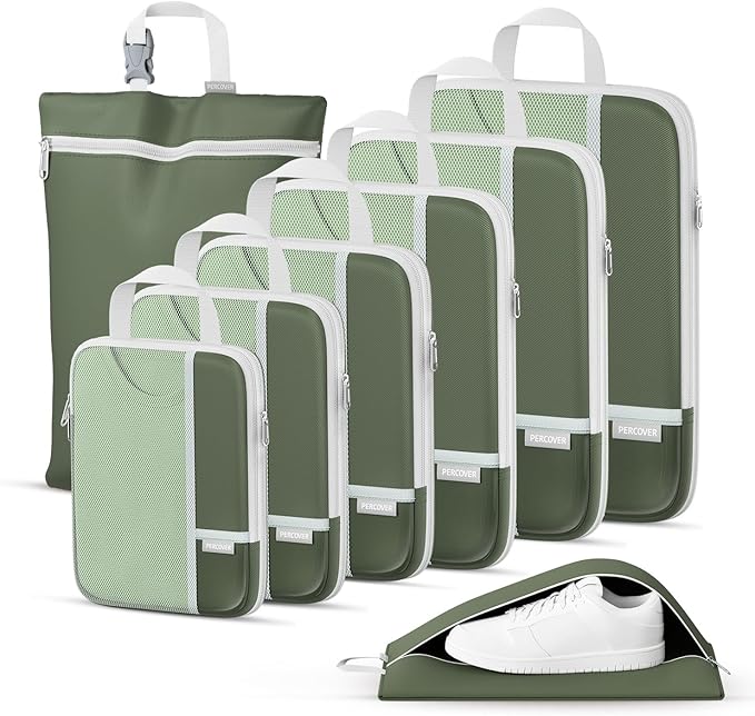 Percover Compression Packing Cubes 8-Piece Set, Packing Cubes Compression for Travel with Laundry Bag & Shoe Bag, Travel Orga
