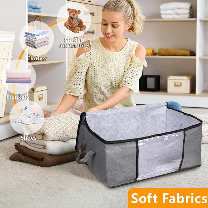 8 Pack Clothes Storage Bags with Zipper, 45L Foldable Blanket Storage Bag with Clear Window Sturdy Handles for Closet, Dorm, 