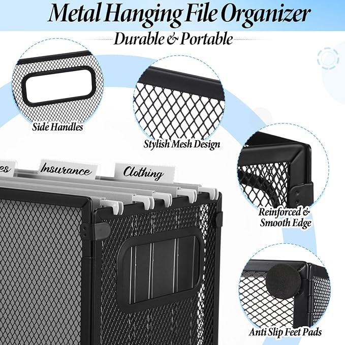 2 Pack Hanging File Holder, 10 Hanging Folders, Metal Mesh, Letter Size Folder Storage, Desktop Storage Cabinets, Office Scho