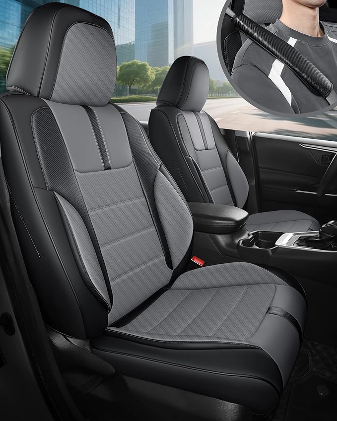 FREESOO Black Gray Car Seat Covers Full Set - Faux Nappa Leather Seat Covers for Cars, with Front Seatbelt Pads, Luxury Water