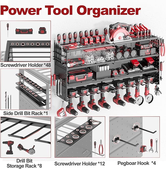 4 Tier Power Tool Organizer Wall Mount, 8 Cordless Drill Holders, 320LBS Heavy Duty Power Tool Storage Rack, Holds 50+ Tools 