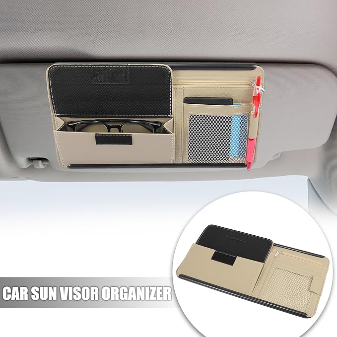 X AUTOHAUX Beige Universal Car Sun Visor Organizer Sunglasses Case Storage Pocket Hook and Loop Tape ABS PU Leather for SUV RV Truck