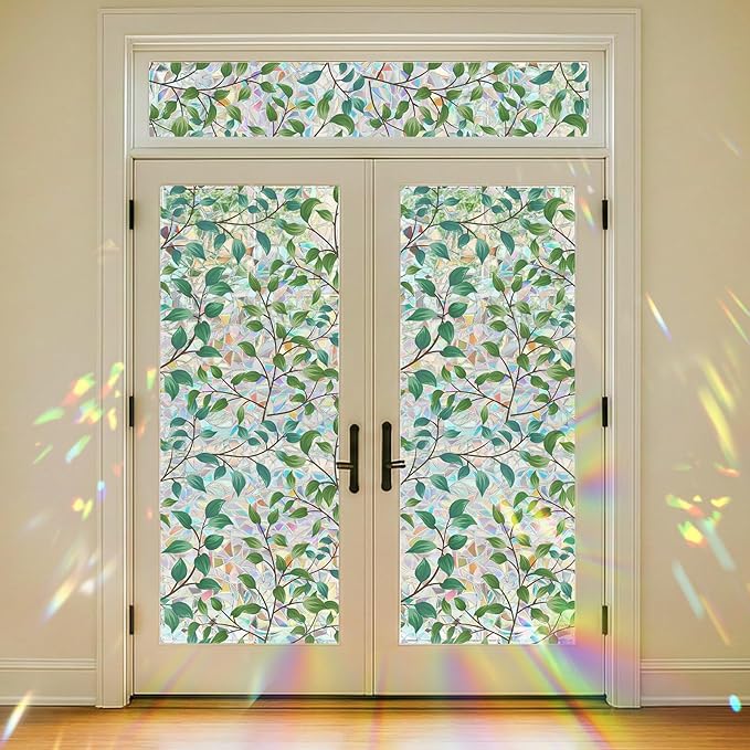Spring Window Clings Decorative,3D Rainbow Window Privacy Film Sunroof Stained Glass Film, Non-Glue Static Cling Tint for Home Room Bathroom Glass Door Decor(Green Leaves, 16.9" x 39.4")