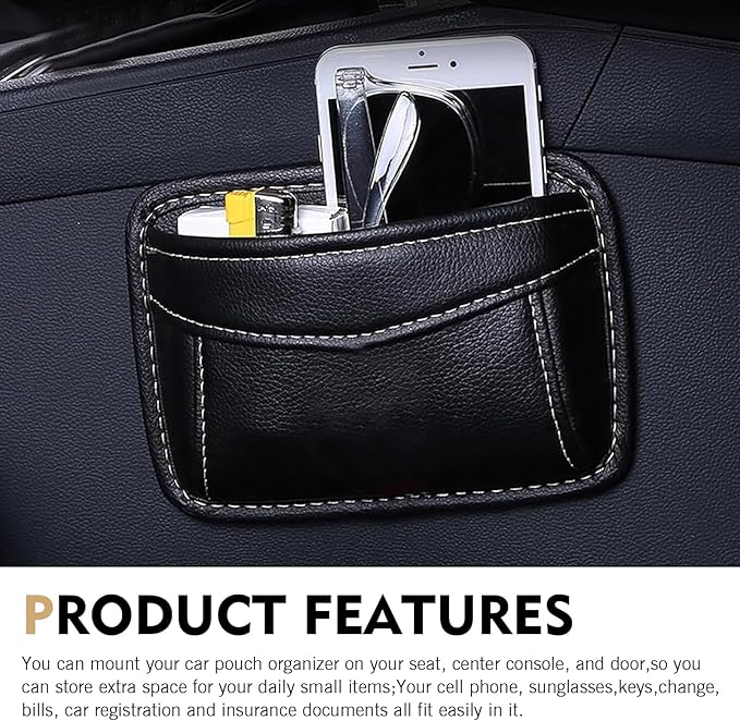Car Seat Side Pocket Organizer, PU Leather Mini Auto Seat Storage Bag, Pen Phone Holder Tray Pouch Vehicle Seats Gap Filler, Universal Organize for Documents Registration Notepad