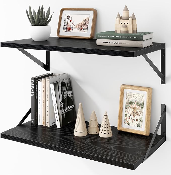 Deep Floating Shelves Wall Mounted, 24"x12" Black Wall Shelves with Brackets Set of 2 for Bedroom, Living Room, Bathroom, Kit