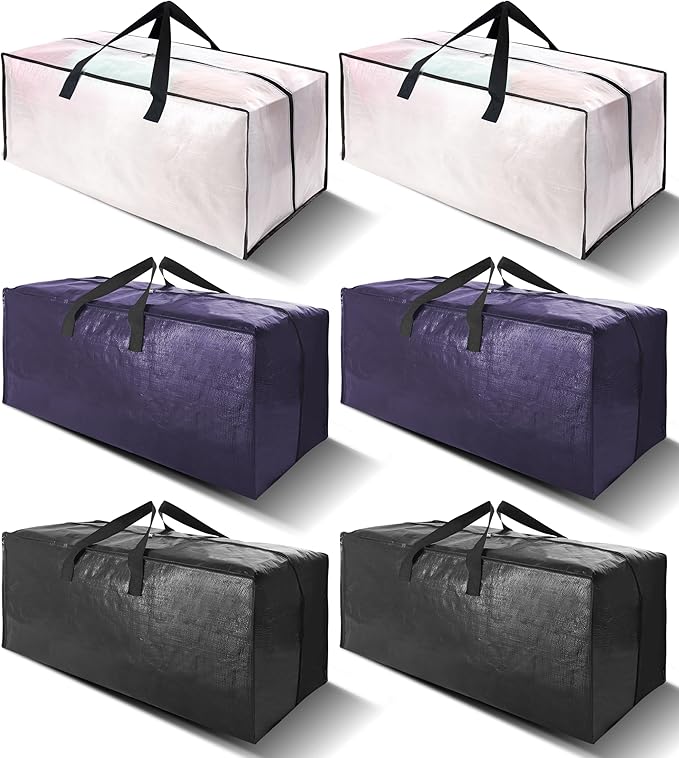 6 Pack Heavy Duty Extra Large Moving Bags W/Backpack Straps - Strong Handles & Zippers, Storage Totes For Space Saving, Fold 