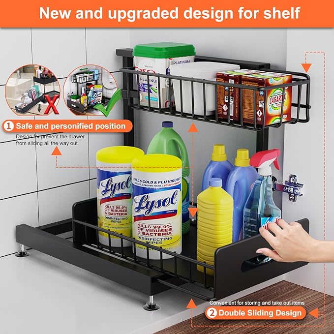 2 Pack Under Sink Organizers and Storage,Pull Out Cabinet Organizer,2-Tier Sliding Out Kitchen Basket Sink Shelf Cabinet Orga