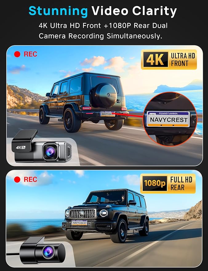 Navycrest 4K Dash Cam Front and Rear with 64GB Card, Built-in 5G WiFi, Dash Camera for Cars 4K Front and 1080P Rear, Dashcams