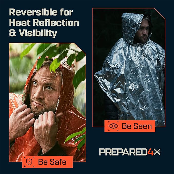 PREPARED4X Emergency Mylar Poncho – Survival Rain Poncho with Hood – Lightweight, Compact, Reusable Emergency Blanket Poncho 