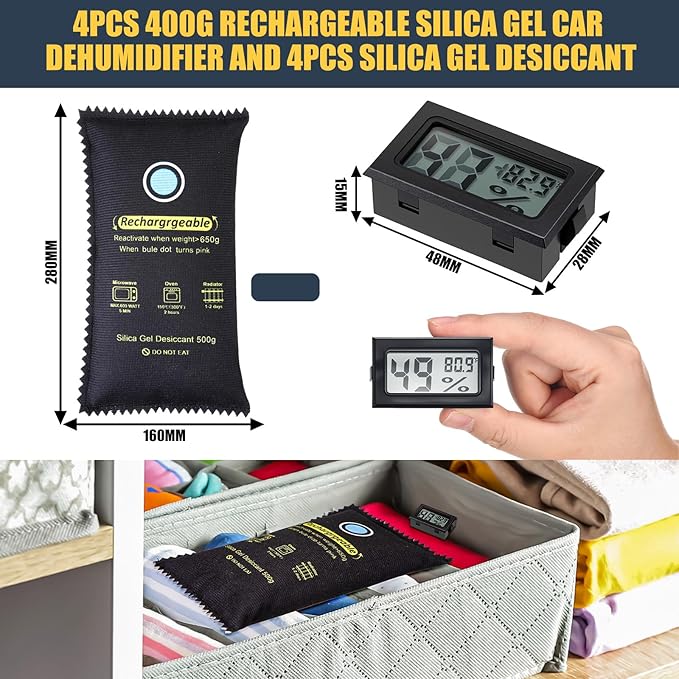 8 Pcs 500 Grams Rechargeable Silica Gel Desiccant Packets with Mini Digital LCD Hygrometer Thermometers Dehumidifier Bag for